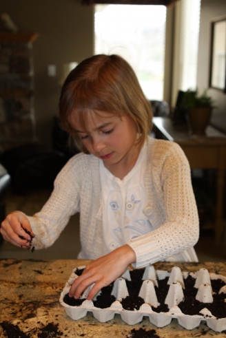A picture of a young girl planting seeds in an egg carton. 