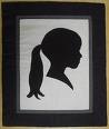 A SILHOUETTE of a girl with a long pony tail. Black image on white background. 