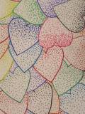 A picture of several hearts made with colored pencils. 