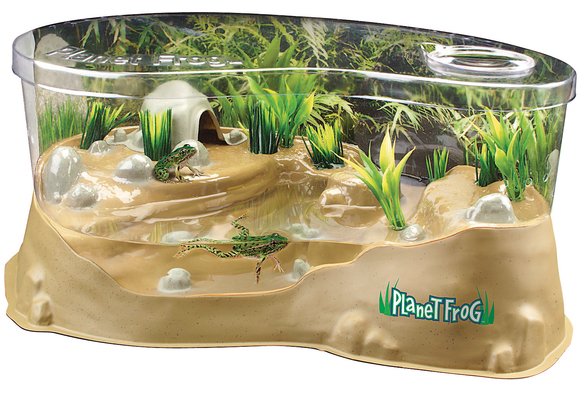 A picture of Planet Frog habitat. A kit that has water, weeds, and frogs. 