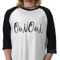 A 3/4 sleeve black and white shirt with french words Oui Oui on it. 