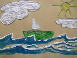 An art picture of a boat, waves, and clouds. The clouds, sail, and whitecaps are made with shaving cream. 