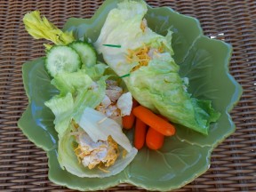 A picture of a lettuce wrap with cucumbers and carrots on a green leaf shaped plate. 