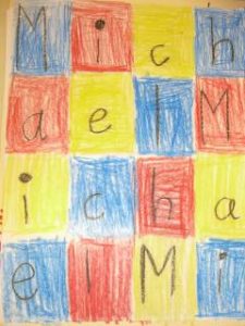 Letter art quilt using the name Michael. Each square using a letter from the name. 