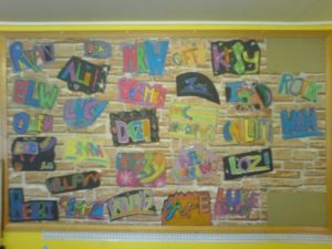 A bulletin board with different word art name on them. 