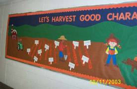 An art/craft project showing animated pictures of people workin in a garden. Text over the garden that says lets harvest good. 