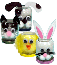 An image of food jars turned into different animals like a yellow chick, white rabbit, a cat, and a dog.  