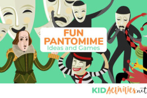 An animated picture of pantomime actors and masks.Text reads fun pantomime ideas and games.