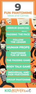 An animated picture of pantomime actors surround a list of 9 pantomime ideas. The text reads 9 fun pantomime ideas and games. The list of ideas is in the article. 