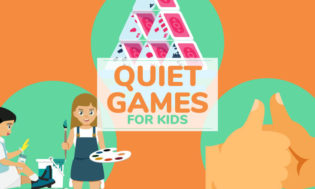 An animated picture of kids games and activiteis. One is a house of cards. One is thumb wrestingly. Another one is a girl painting. Text reads quiet games for kids. 