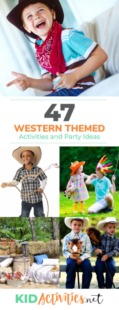 Several pictures of kids acting out and dressing like cowboys and Indians. The text reads western themed activities and games for kids. Great for a western themed day in the classroom. These fun activities will provide opportunities to learn about American heritage. 