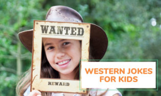 A picture of a young girl wearing a cowboy hat looking through a frame that reads Wanted, Reward". Text reads western jokes for kids. 