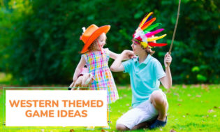 A picture of a boy wearing a feather hat depicting an Indian and a young girl with a cowboy hat. Text reads western themed game ideas. 