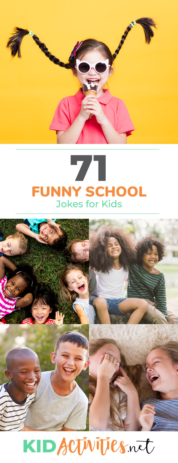 A Pinterest image with 5 different images of kids laughing and having fun. Text reads 71 funny school jokes for kids. 