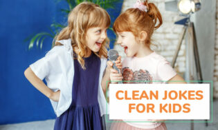 A picture of two young girls holding a microphone together with big smiles. Text reads clean jokes for kids. 