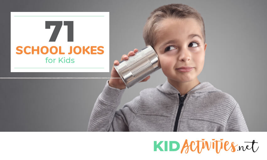 A picture of a young boy with a tin can up to his ear. Text reads 71 school jokes for kids.