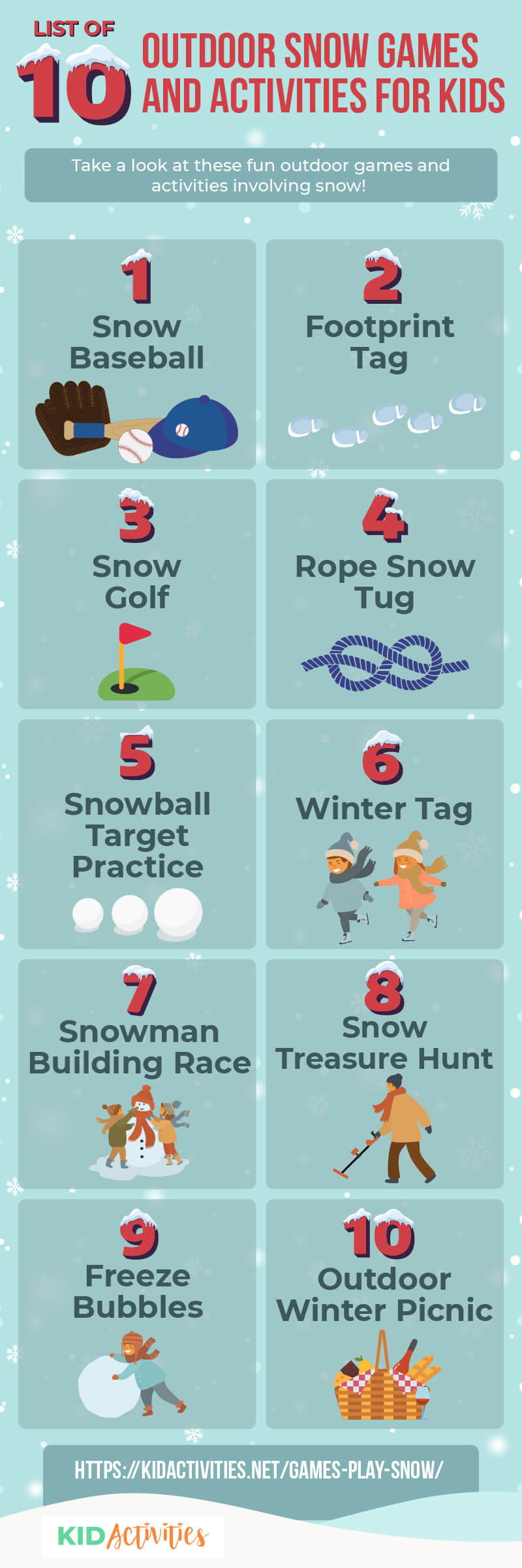 A collection of 10 fun outdoor snow games for kids. 