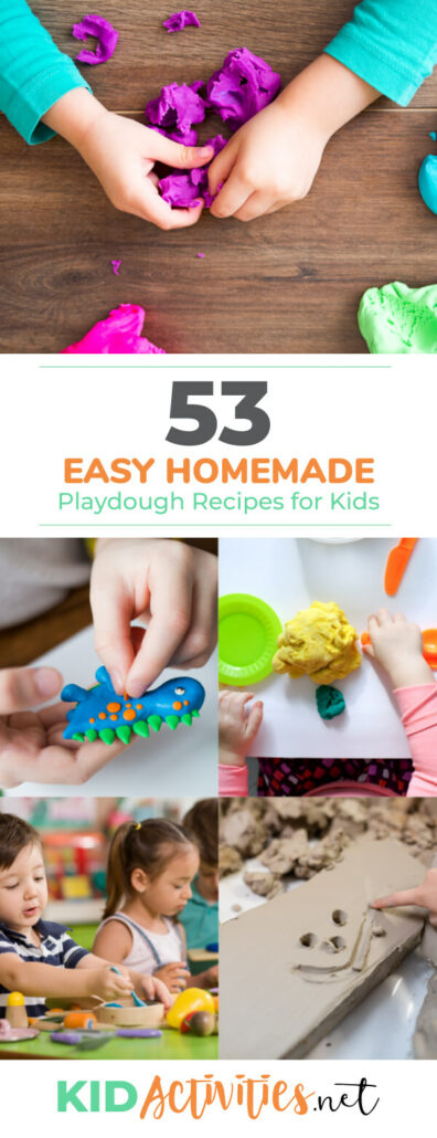 Several pictures of kids playing with playdough and of things made of playdough like a dinosaur with text reading 53 easy homemade playdough recipes for kids. These are great for the classroom or at home. Hours of fun making and building. 