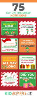 A collection of 75 elf on the shelf note ideas including: welcome note elf on the shelf ideas,  elf on the shelf Christmas Eve note ideas,  elf on the shelf notes from Santa ideas, cute elf on the shelf note ideas,  funny notes from elf on the shelf,  elf on the shelf is back note ideas,  and elf on the shelf goodbye note ideas.