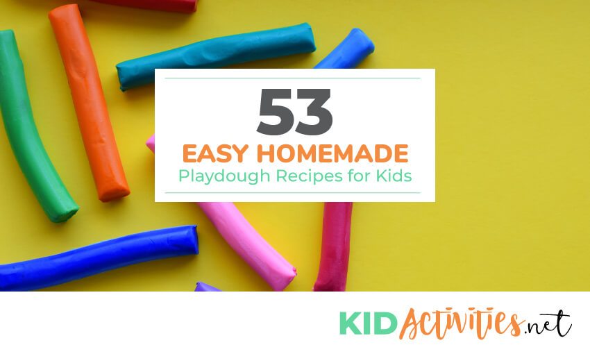 A picture of play dough rolled into small log like shapes made of several different colors like blue, green, orange, and red. Text reads 53 easy homemade play dough recipes for kids.