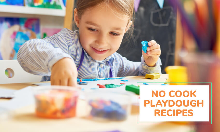 An image of a girl playing with many colors of playdough at a table and text reading no cook play dough recipes for kids. 