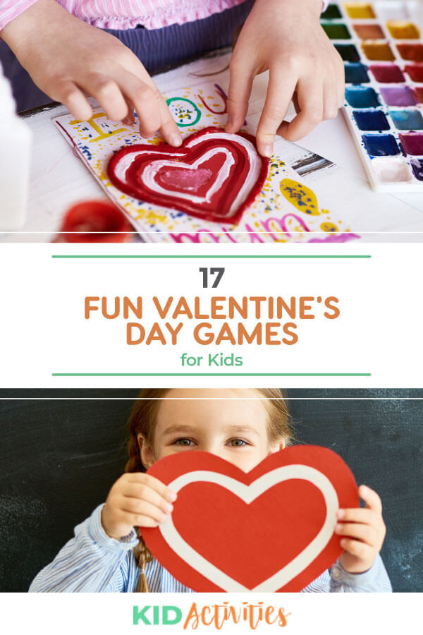 A picture of a young child making a Valentines craft and another picture of a kid holding up a red and white heart in front of his face. Text reads 17 fun Valentine's Day games for kids. 