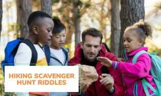 A collection of hiking scavenger hunt riddles for kids. 
