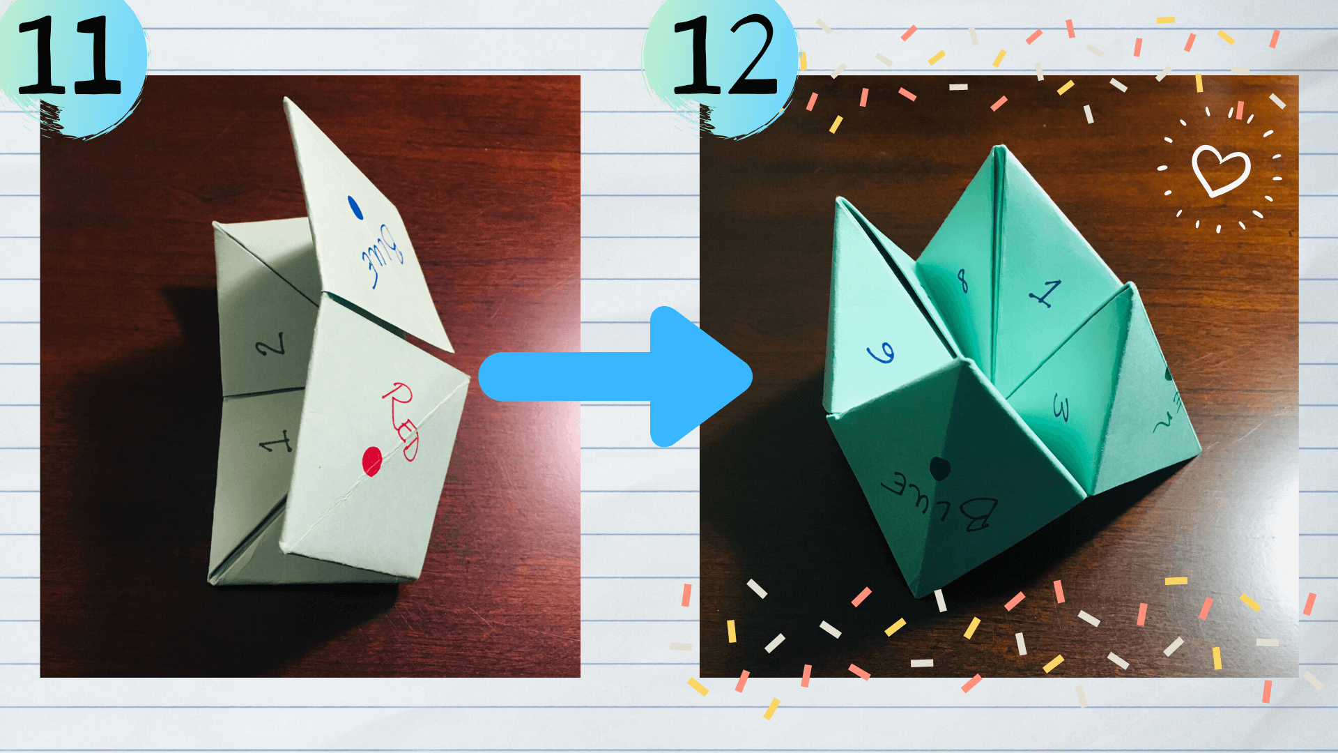 The final steps to making a cootie catcher. 
