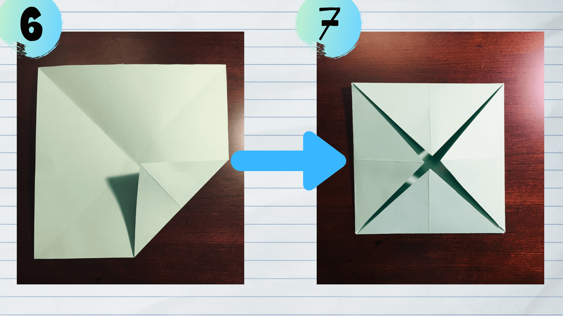 Steps 6 and 7 of making a cootie catcher. 