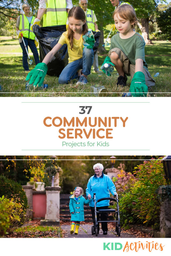 A picture of kids picking up trash from a yard and another picture of a girl walking an elderly person. Text reads 37 community service projects for kids. 