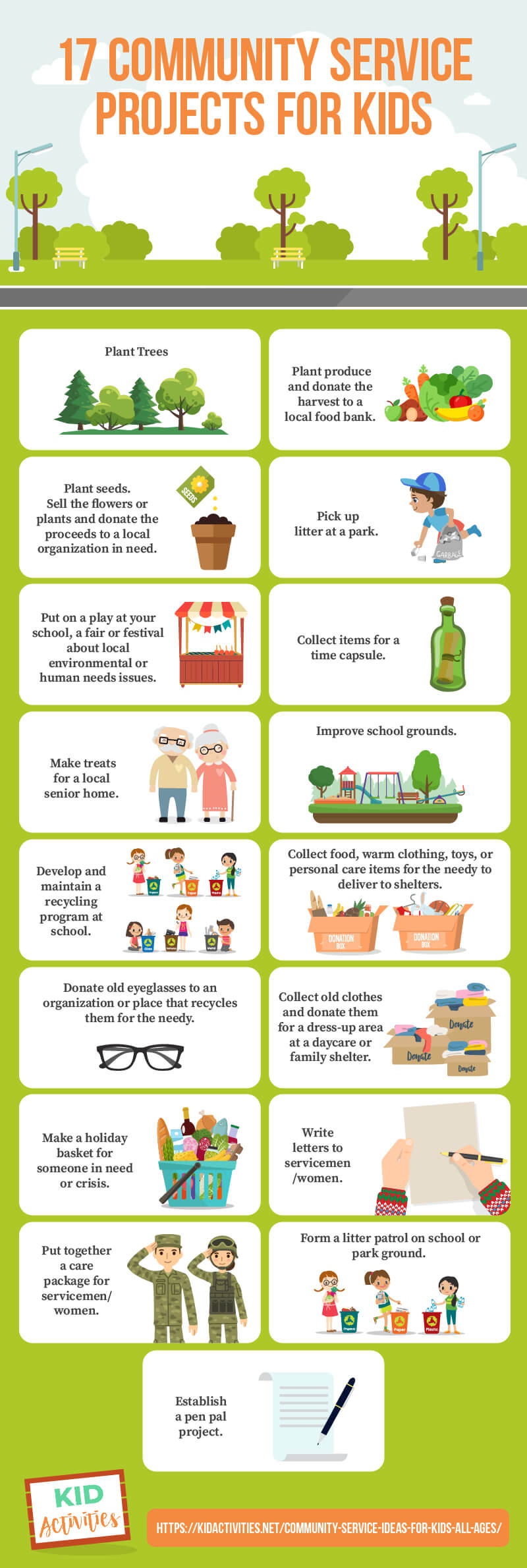 An infographic listing different community service project ideas for kids. The ideas are listed out in the article. The text reads 17 community service project ideas for kids. 