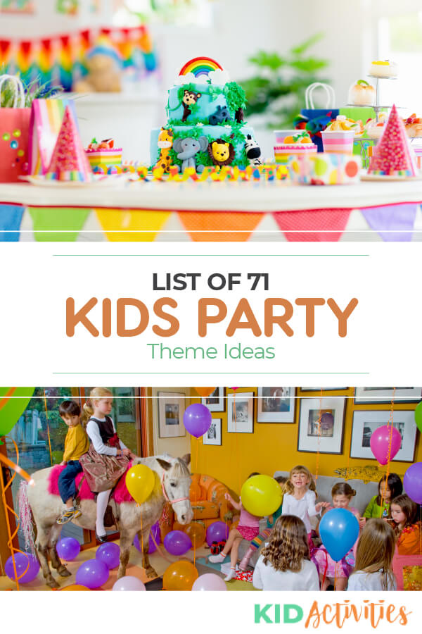 A list of 71 kids party theme ideas. 