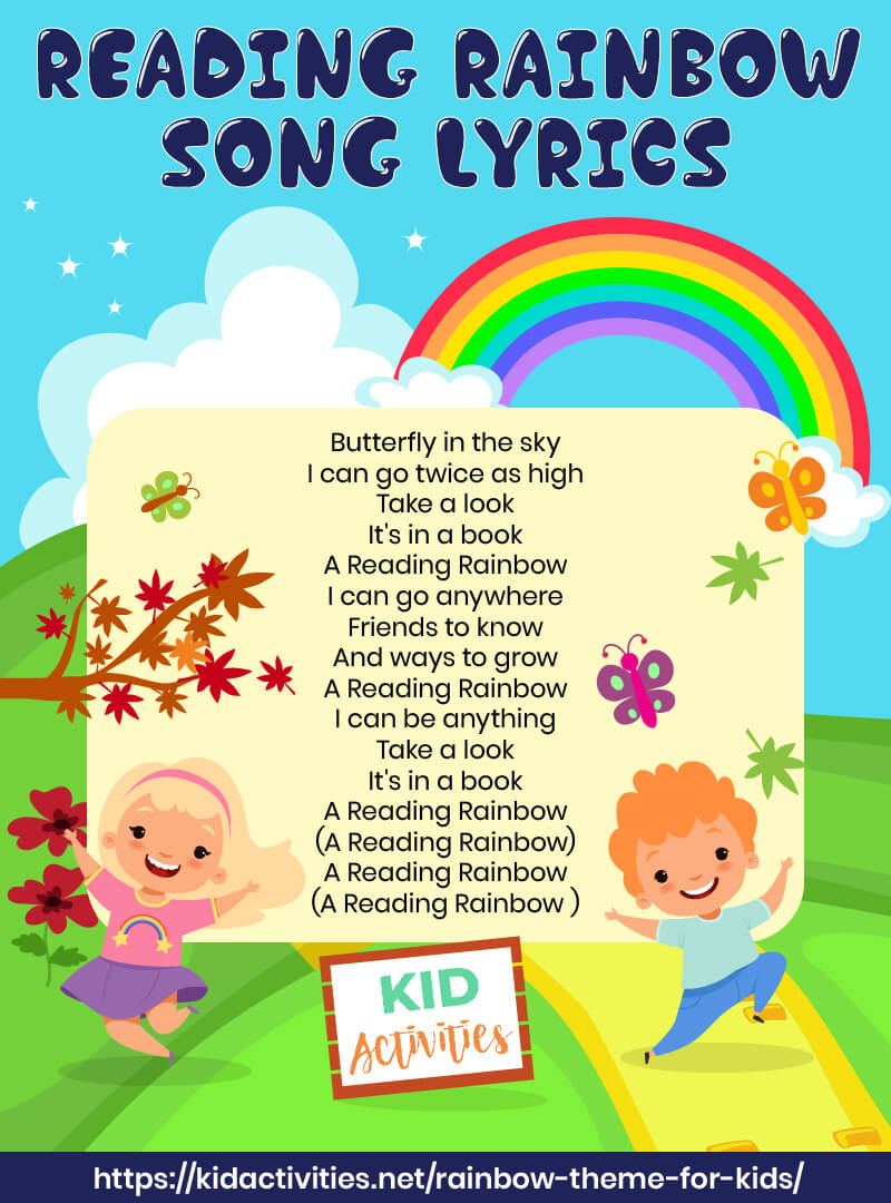 Reading rainbow song lyrics printout. Different animated pictures of kids and rainbows with the lyrics to the song on the sheet. Heading reads "reading rainbow song lyrics." 