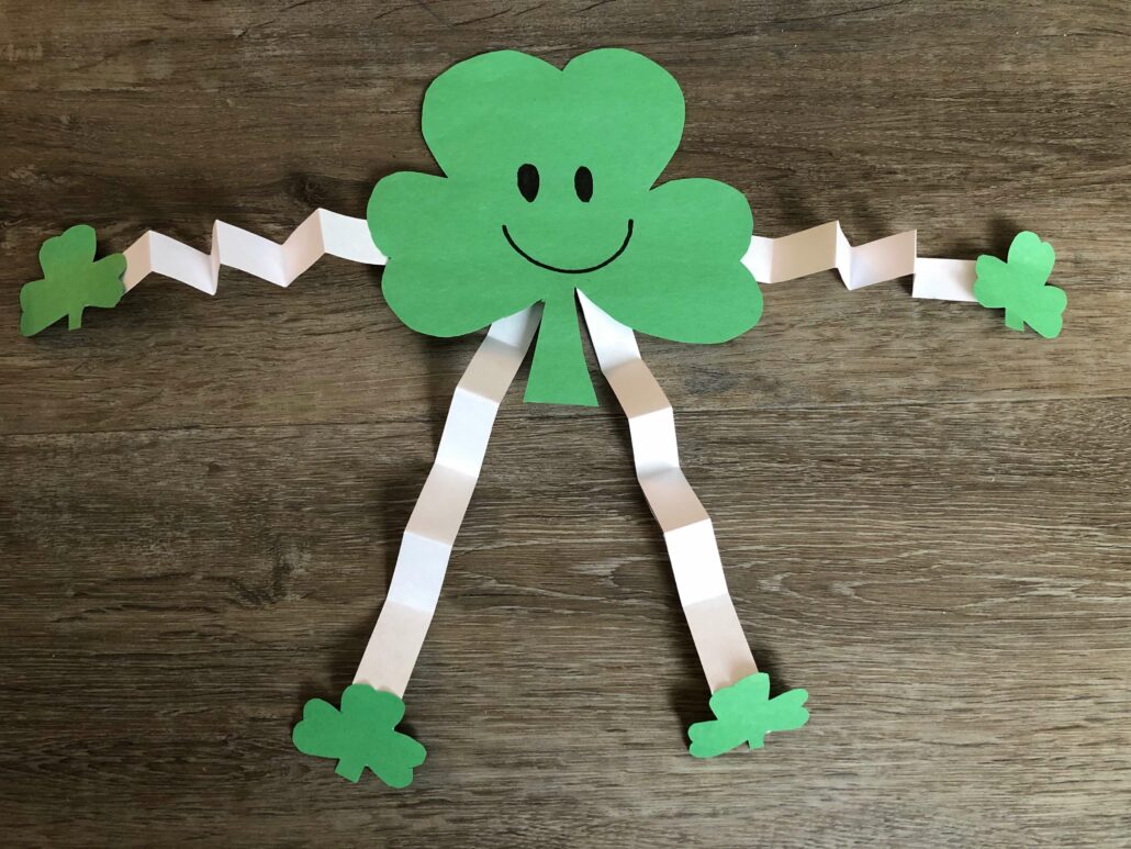 The finished shamrock people craft. A fun St Patrick's Day craft. 