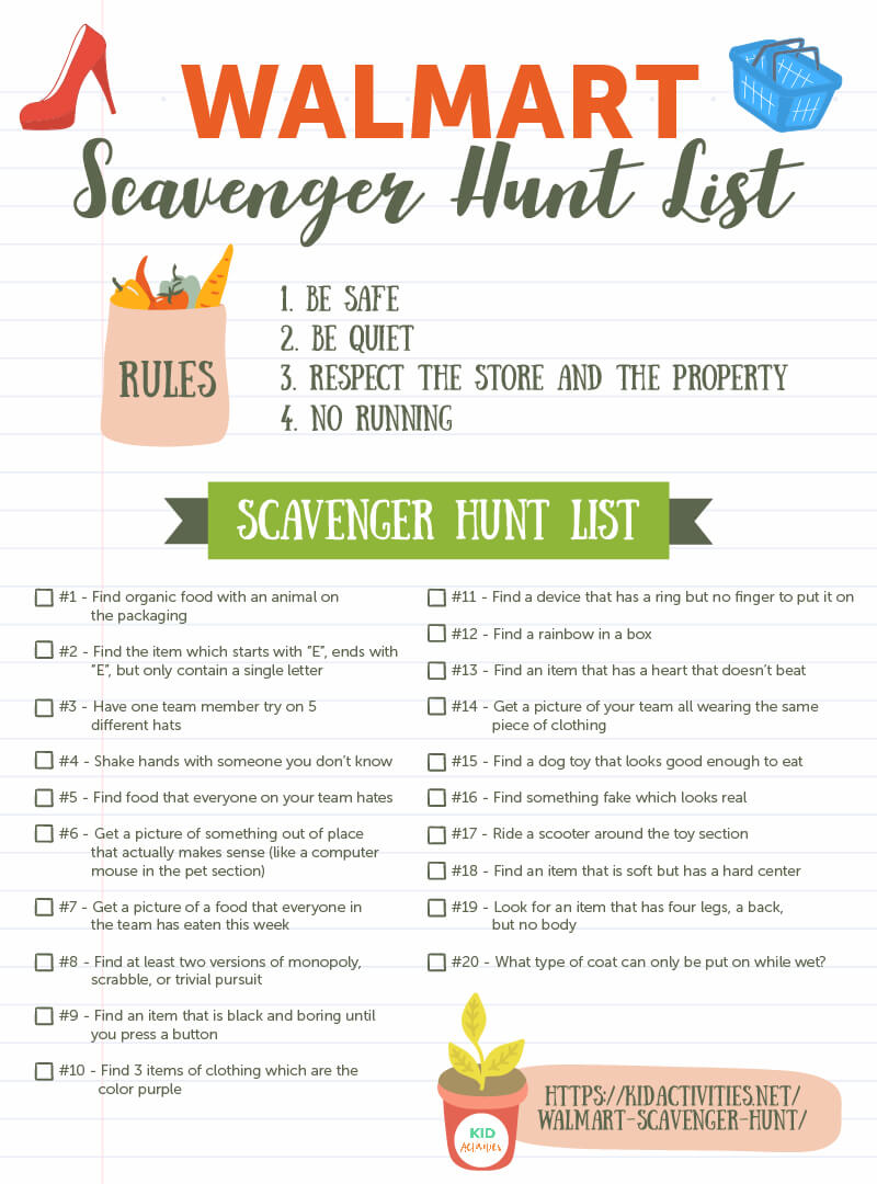 A printable Walmart scavenger hunt list. 