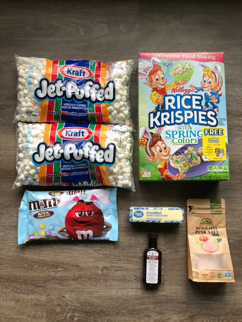 The ingredients used to make Easter Rice Krispie treats. 