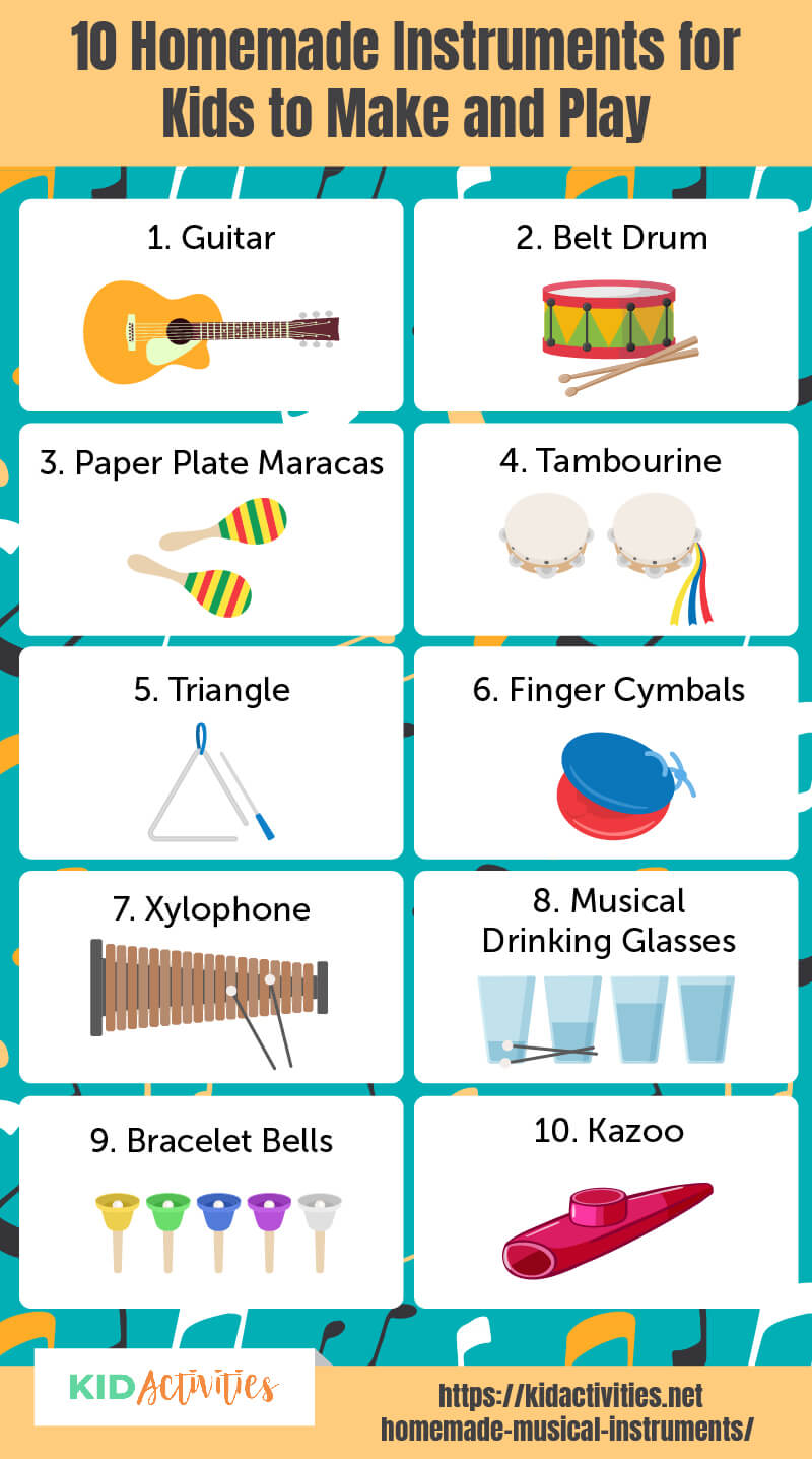An infographic with 10 homemade instrument ideas for kids.