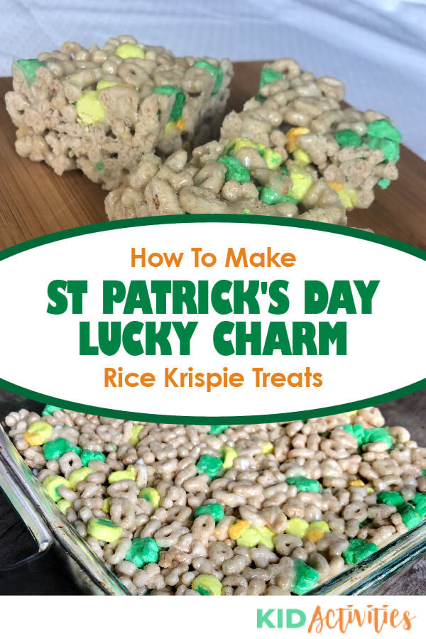 A recipe for how to make St Patrick's Day themed Lucky Charm Rice Krispie treats. Great for the classroom potluck or to make with kids at home. 
