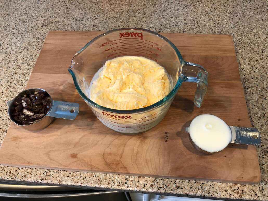 The measured ingredients for peppermint candy shake. 