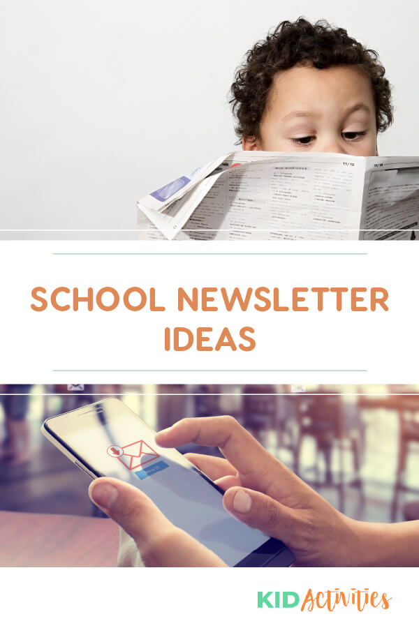 A pinterest image with two different image, one is of a kid reading a newspaper and another picture of a tablet with an email symbol and a finger about to click on it. Text reads "school newsletter ideas." 