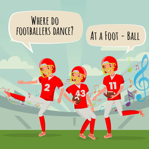 A picture of three football players with the joke on the picture saying "where do footballers dance?"