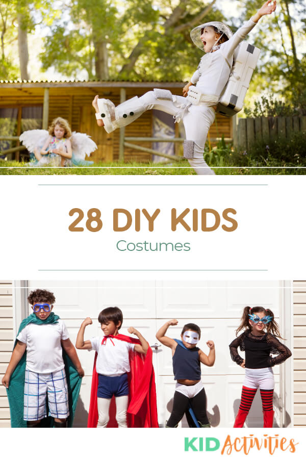 A collection of 28 DIY costume ideas for kids. Great for Halloween or drama class. 