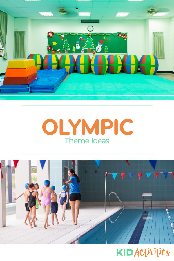 A Pinterest image with two different pictures. One of an exercise room with different types of exercise equipment and mats and another of a group of young swimmers and a teacher walking along side a pool. Text reads Olympic theme ideas. 