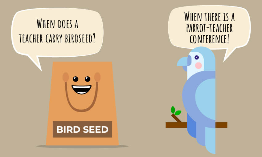 An animated picture of a bird and bird seed with the joke "when does a teacher carry birdseed?"