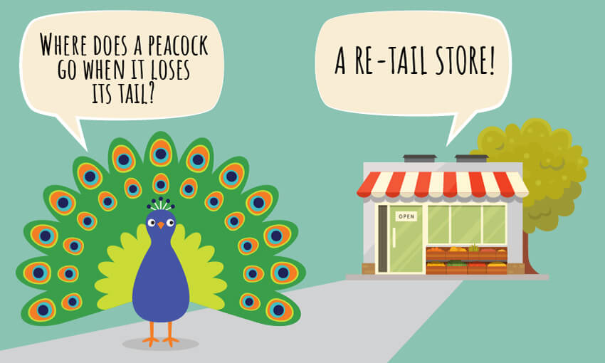 An animated picture of a store and a peacock with the joke "where does a peacock go when it loses it's tail?" 