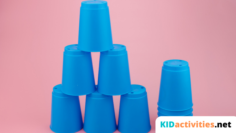 Blue plastic cup stacks.
