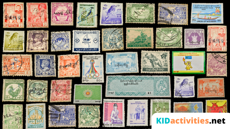 Collection of different stamps.